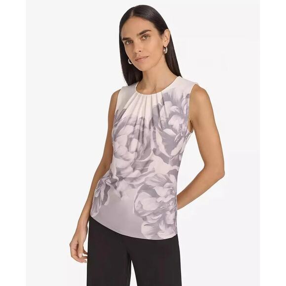 Calvin Klein Women's Printed Pleated-Neck Sleeveless Top in Gray Multi - Picture 2 of 3